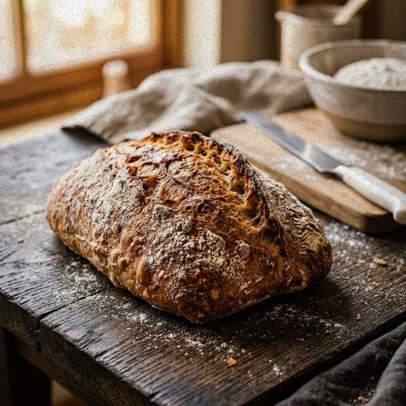Pão rústico ciabatta de fermentação natural recém-assado sobre mesa de madeira